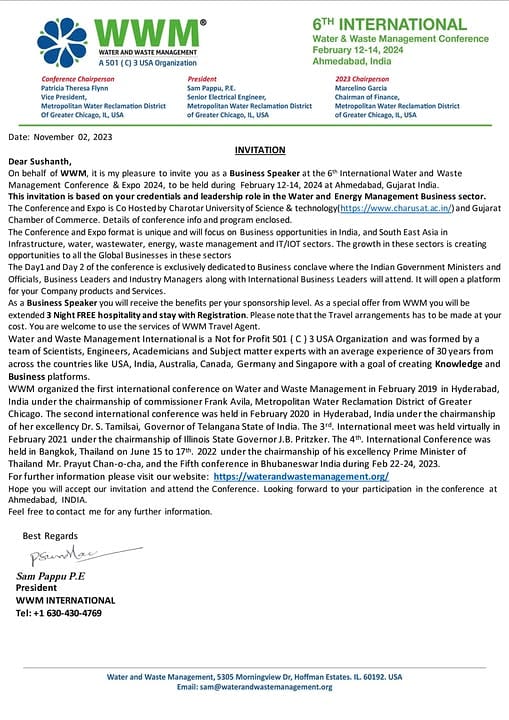 Invitation as Business Speaker at WWM, USA